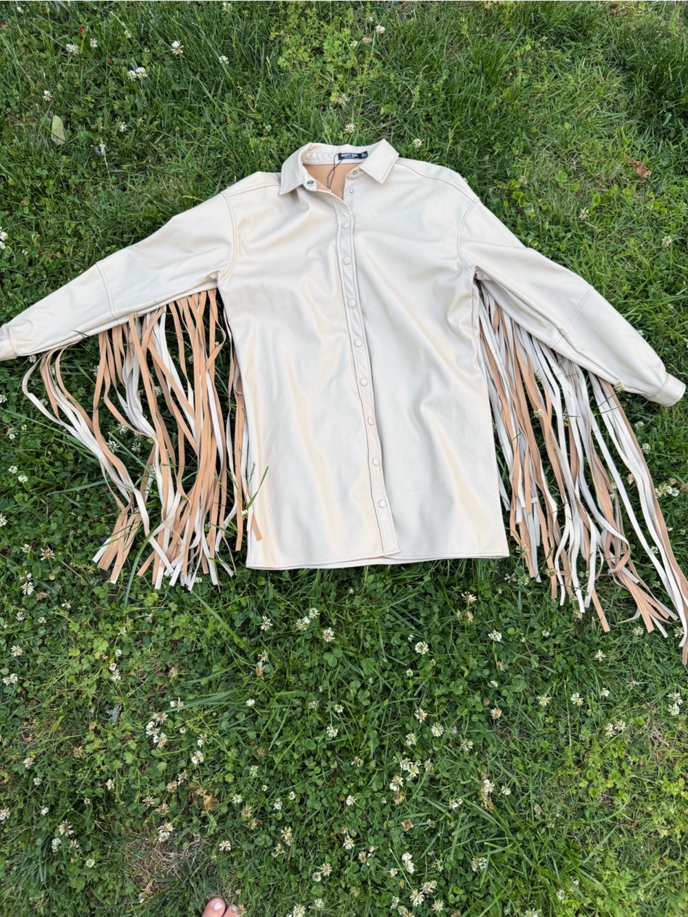 Nasty Gal Cream Faux Leather Dress with Fringe